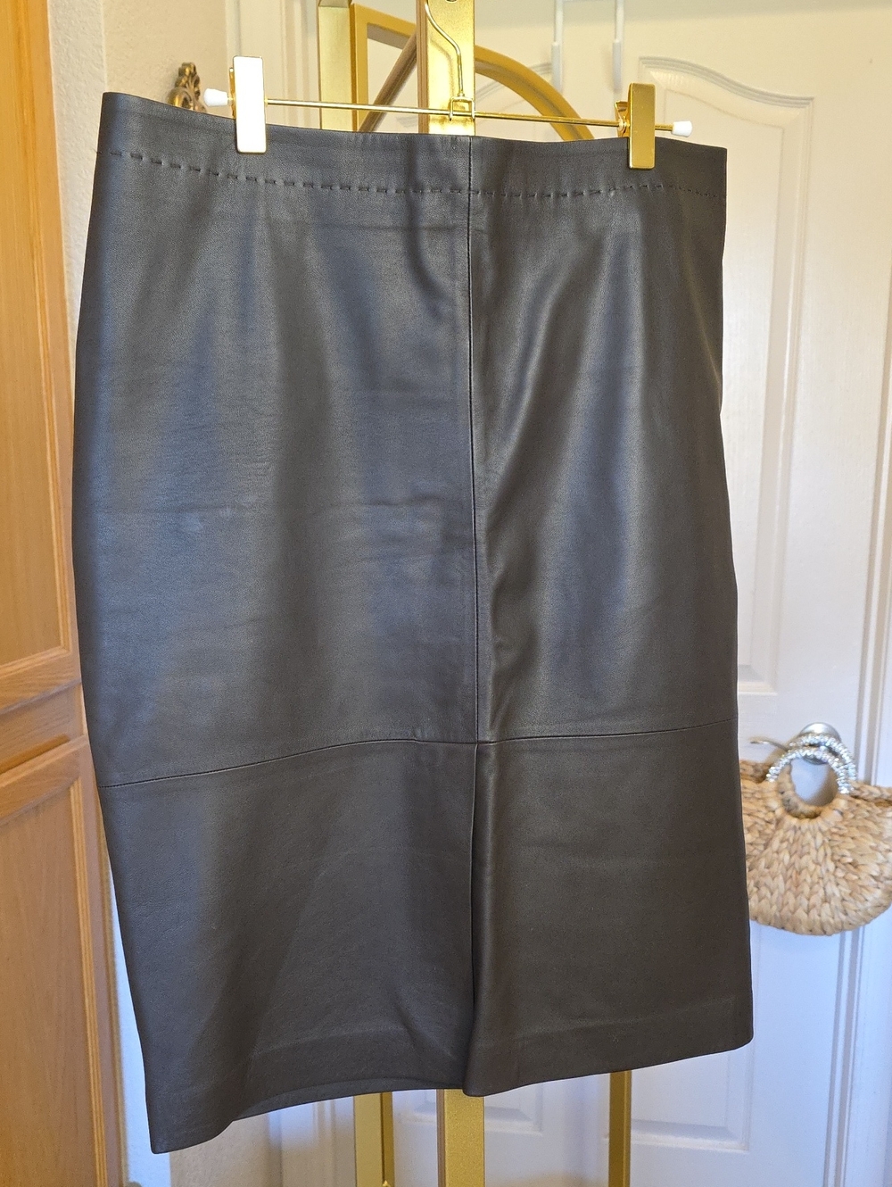 Pure Collection Dark Chocolate Brown Leather Pencil Front Slit Skirt Sz 8 / 10